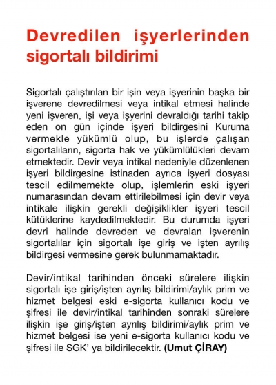 Devredilen İşyerlerinden Sigortalı Bildirimi